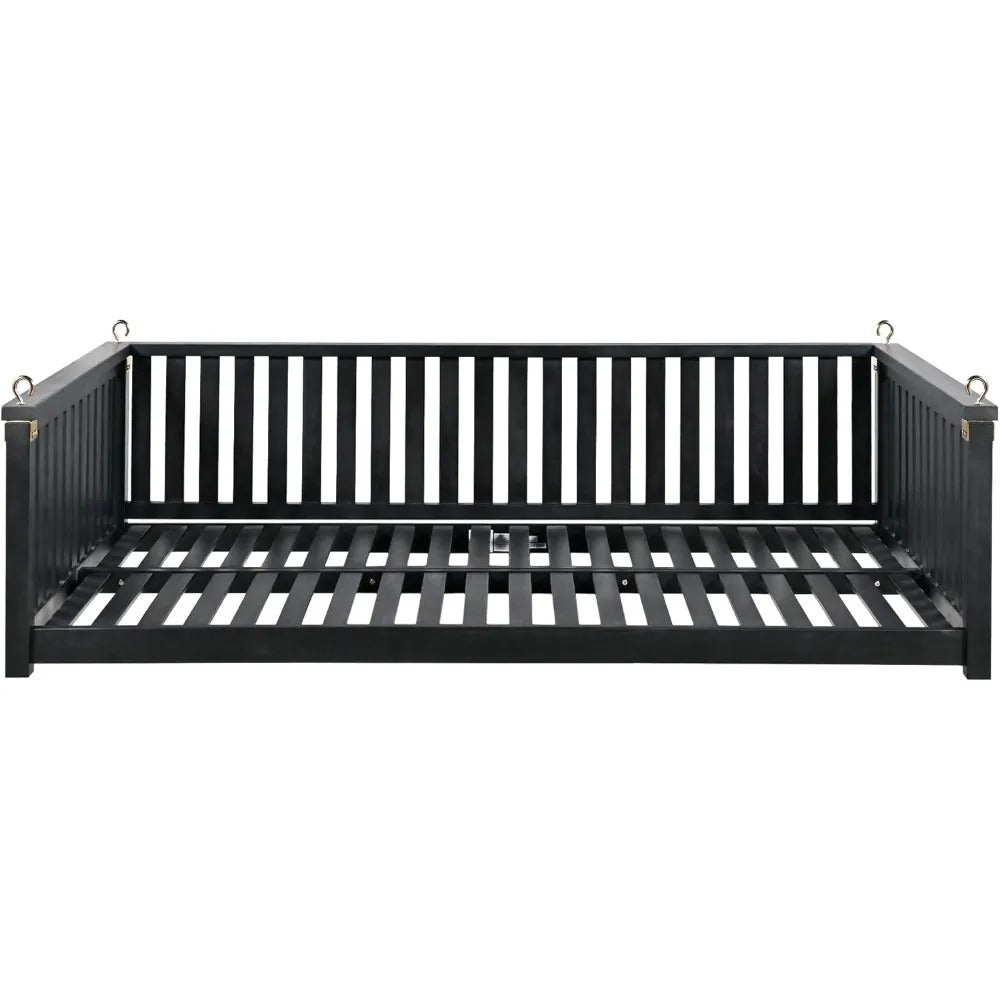 Minimalist Acacia Wood Porch Swing Bed – Twin Size 2-Person Outdoor Hanging Bench with Hemp Rope, for Patio, Garden, or Poolside