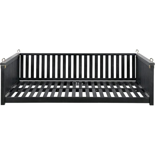 Minimalist Acacia Wood Porch Swing Bed – Twin Size 2-Person Outdoor Hanging Bench with Hemp Rope, for Patio, Garden, or Poolside