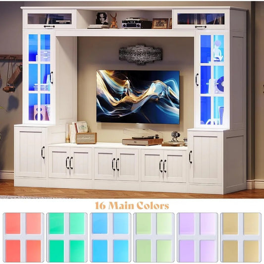 98" Wall Unit Entertainment Center with LED Lights – TV Stand with Storage, Bookshelves & Cabinets for TVs up to 80", White Modern Design