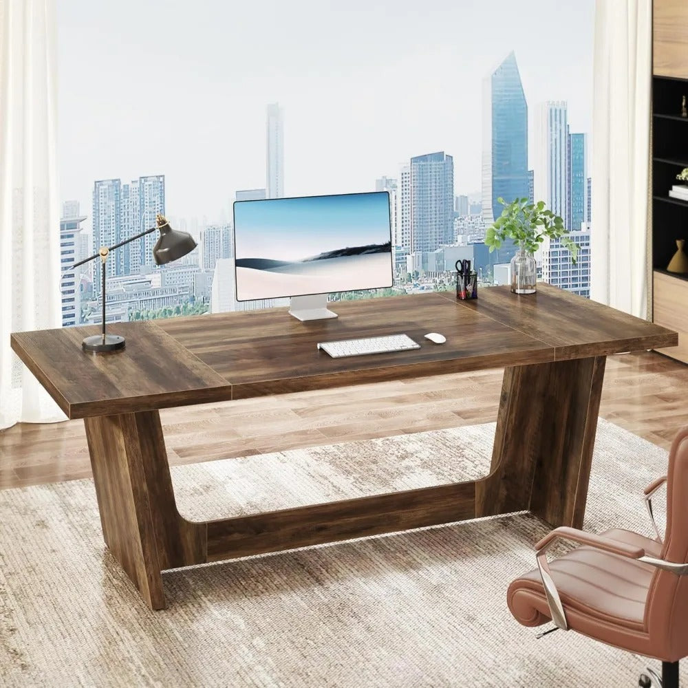 70.87" Rustic Executive Desk – Solid Wood Computer Desk with Heavy-Duty Pedestal for Home Office & Study