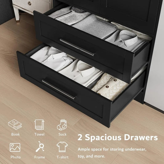 Modern Black Wooden Wardrobe Closet with 2 Drawers & Shelves – Dustproof, Durable & Space-Saving Design