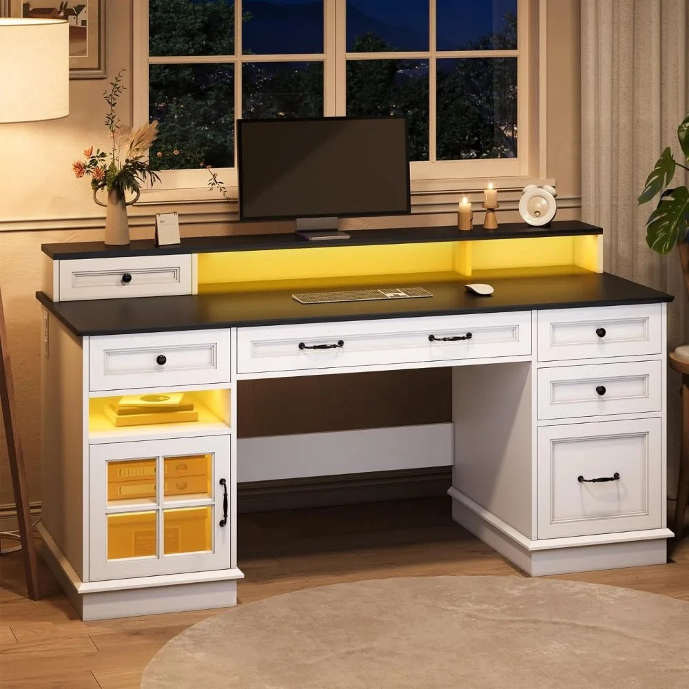 Farmhouse Executive Desk with Drawers, File Cabinet, Power Outlet & RGB LED – 59" Computer Desk with Hutch & Storage for Home Office