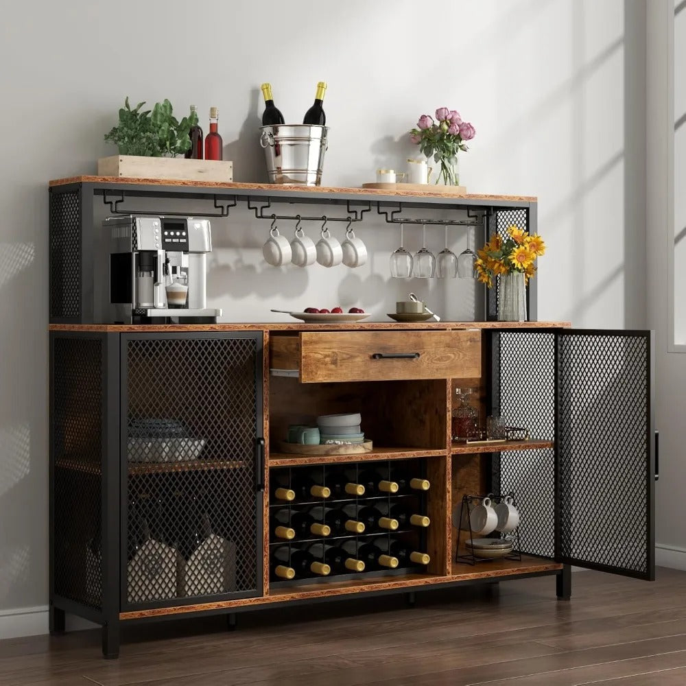 55” Industrial Wine Bar Cabinet with Drawer, LED Lights, Wine Rack & Glass Holder – Coffee Bar Sideboard for Kitchen or Dining Room