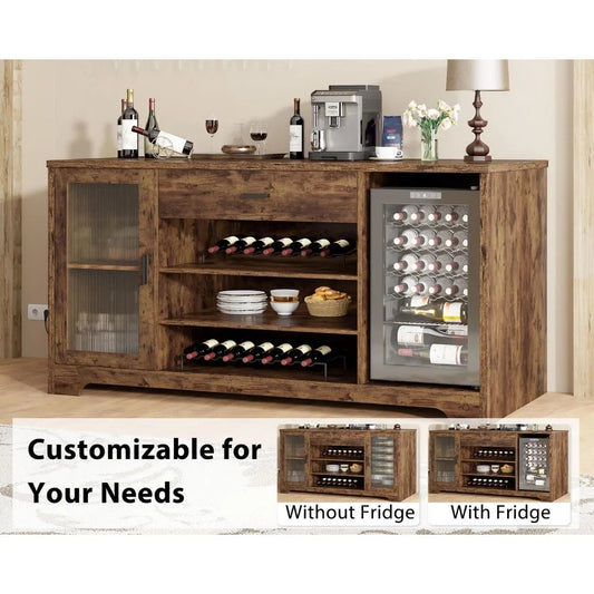 70.9" Farmhouse Bar Cabinet with Fridge Space, Wine Racks & Storage Drawers