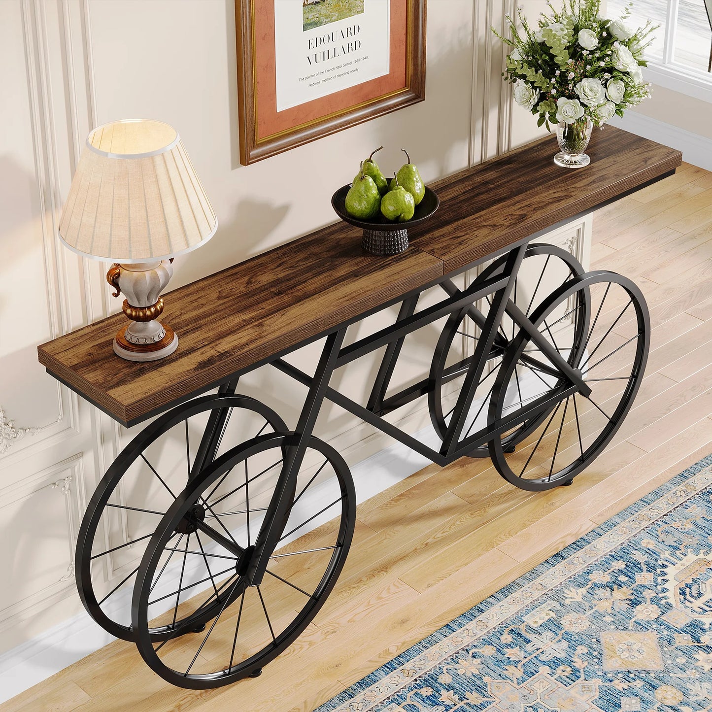 70.9" Industrial Console Table with Bicycle Metal Base – Narrow Entryway & Sofa Table