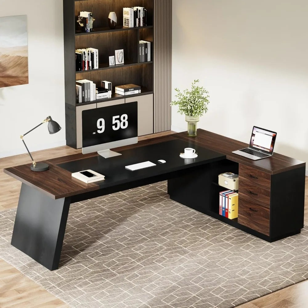 Modern L-Shaped Executive Desk with Drawers & Storage – 78" Walnut Black Office Workstation
