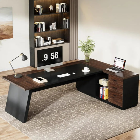 Modern L-Shaped Executive Desk with Drawers & Storage – 78" Walnut Black Office Workstation