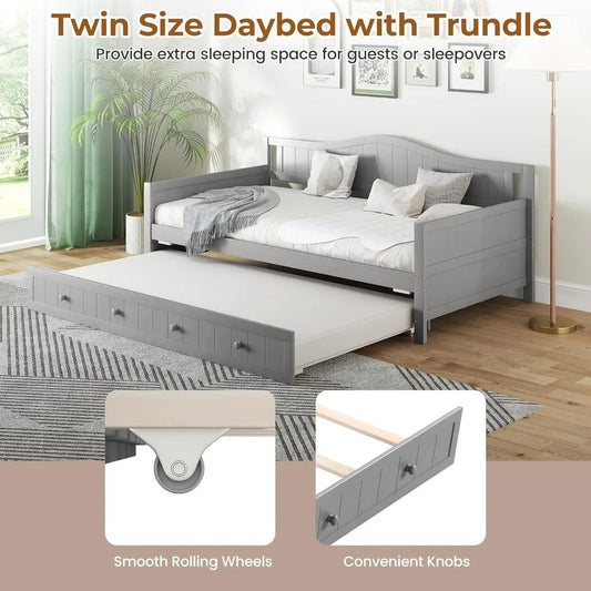 Modern Twin Daybed with Trundle – Solid Wood Frame, Grey Finish, No Box Spring Needed