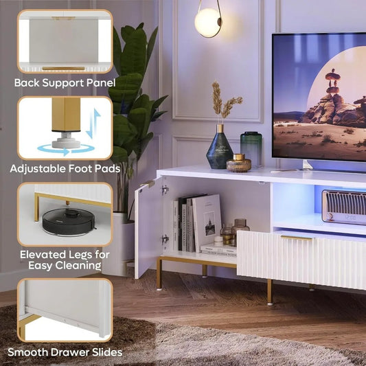 70" Fluted TV Stand for TVs up to 80" – Modern High Gloss Entertainment Center with LED Lights, Storage Cabinets & Gold Accents – White