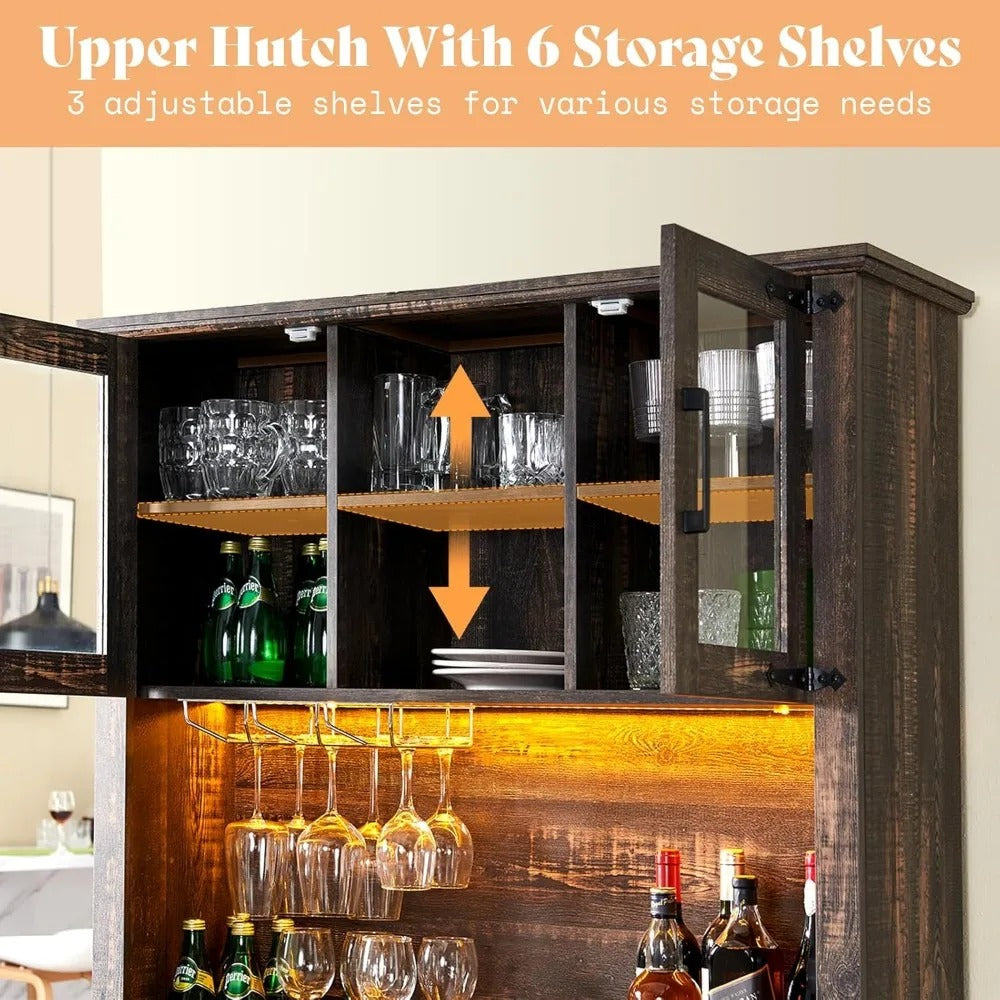 72" Farmhouse Coffee Bar Cabinet with Sliding Barn Door – Buffet Sideboard with Hutch, Wine Glass Rack & 3 Drawers