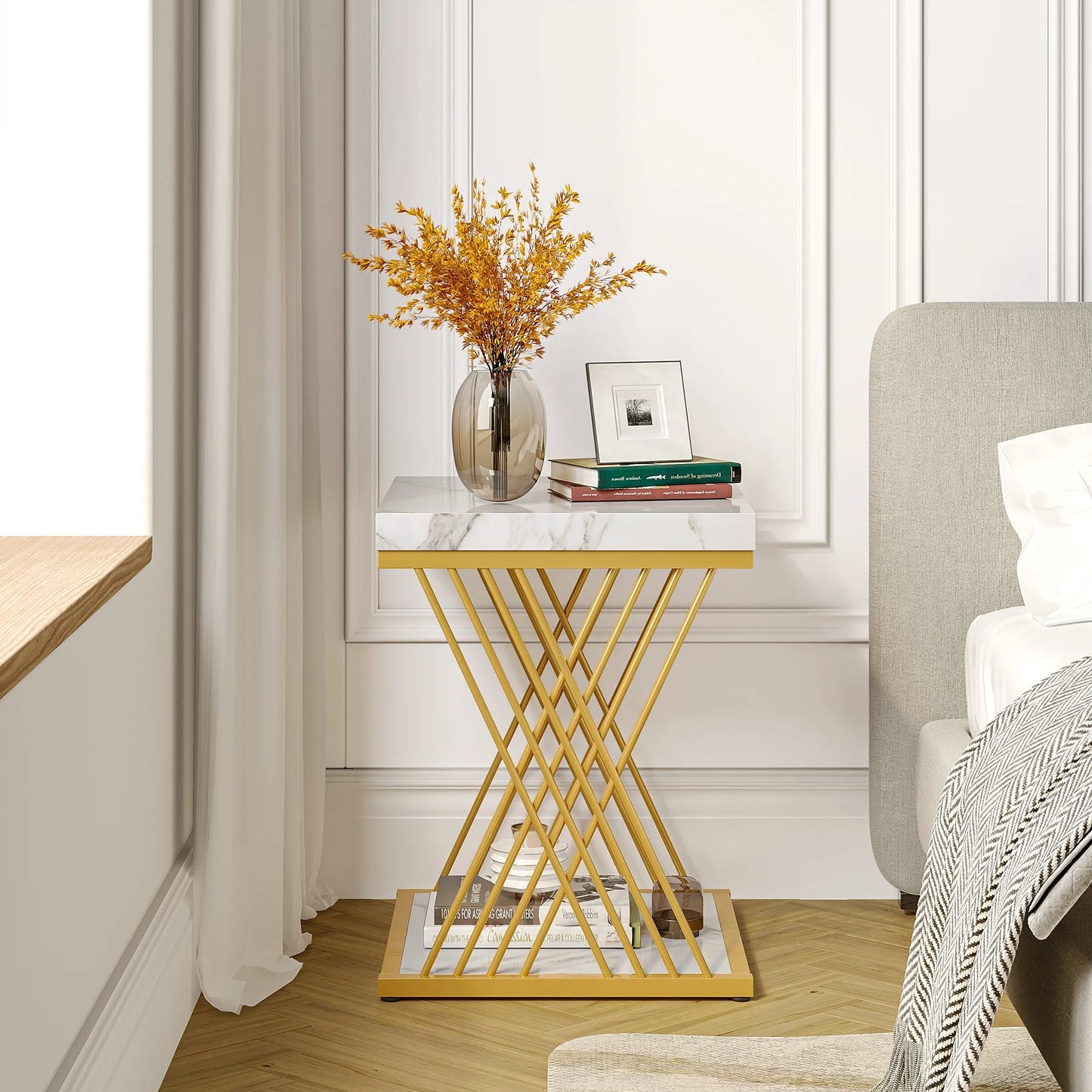 Modern White and Gold Square Side Tables – Set of 2 Elegant 2-Tier Accent Tables
