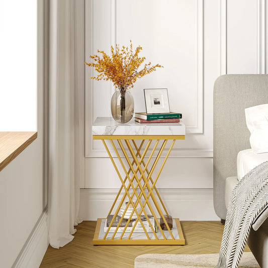 Modern White and Gold Square Side Tables – Set of 2 Elegant 2-Tier Accent Tables
