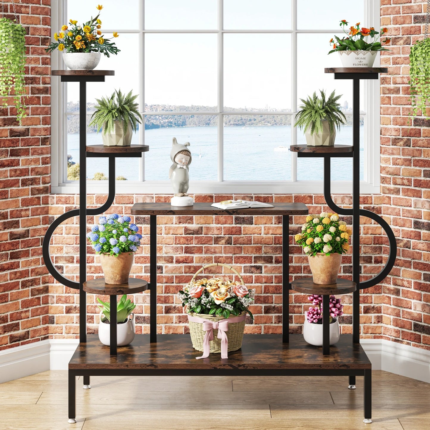 Modern Indoor Plant Stand – Tall Multi-Level Shelf with Round & Square Boards for Living Room or Balcony