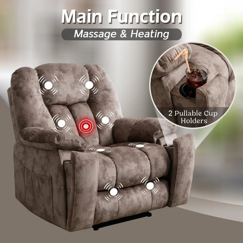 Manual Heated Recliner Chair with Massage, Cup Holders & Overstuffed Back – Soft Fabric Lounge Chair for Full-Body Relaxation (Brown)