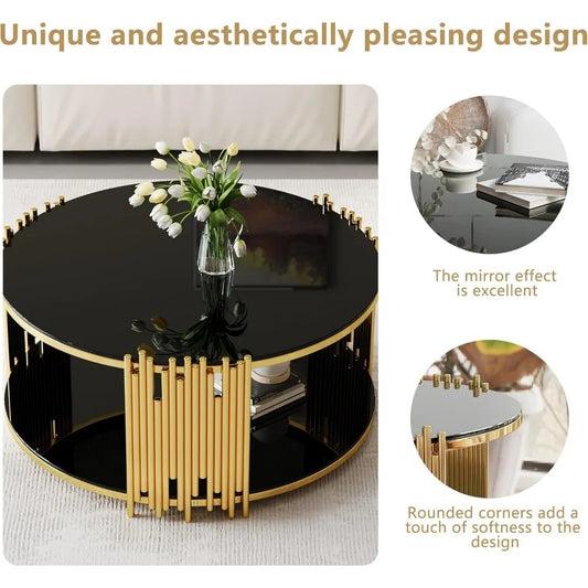 36" Black & Gold Round Glass Coffee Table – Modern 2-Tier Luxury Coffee Table with Tempered Glass and Gold Stainless Steel Frame