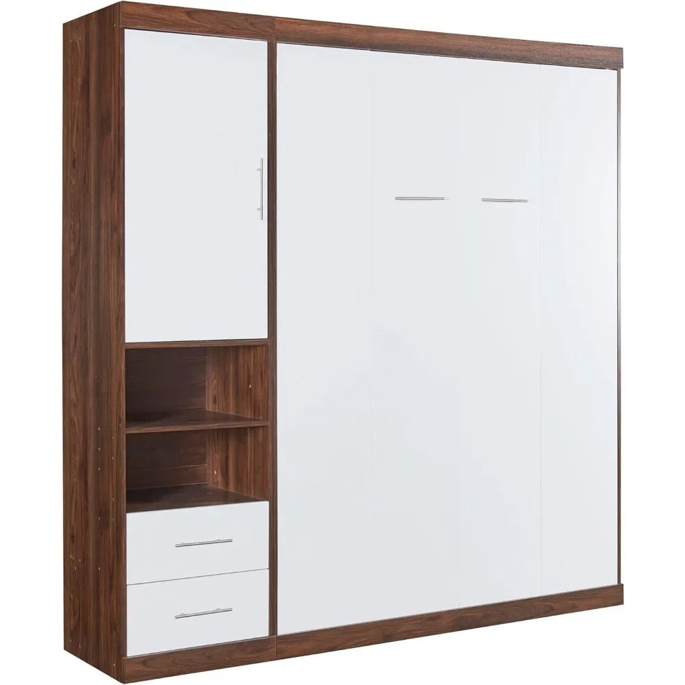 Full Size Murphy Bed with Storage Cabinets & Shelves – Space-Saving Foldable Wall Bed in White + Wood