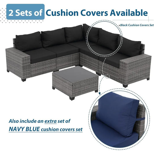 6-Piece Outdoor Wicker Patio Furniture Set – Sectional Sofa with Coffee Table, Dual Cushion Covers, All-Weather PE Rattan & Powder-Coated Frame