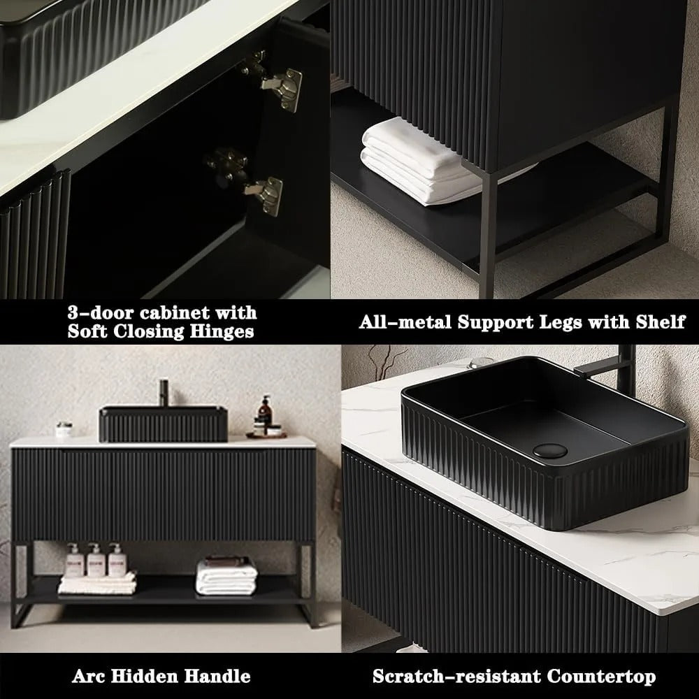 48" Freestanding Bathroom Vanity with Vessel Sink, Soft-Close Doors & Open Shelf