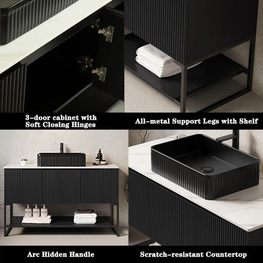 48" Freestanding Bathroom Vanity with Vessel Sink, Soft-Close Doors & Open Shelf