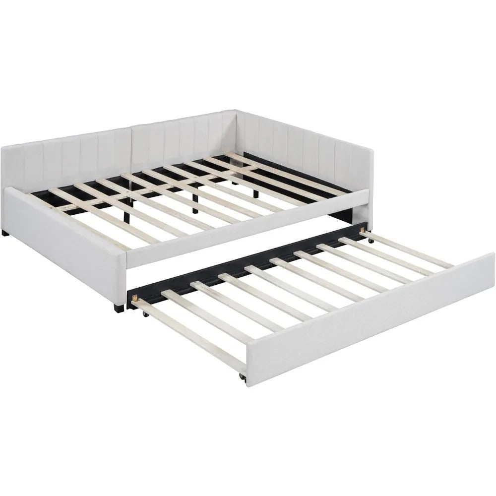 Full Size Upholstered Daybed with Twin Trundle – Linen Fabric Sofa Bed Frame, No Box Spring Needed, Beige