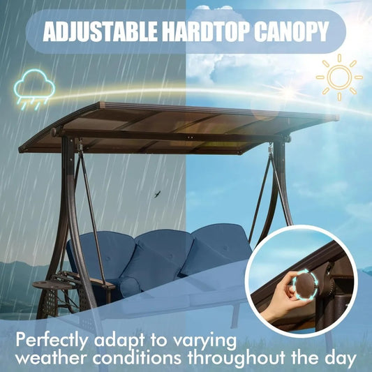 3-Seat Convertible Patio Swing with Adjustable Hardtop – Outdoor Porch Swing Bed with Thick Cushions, Cup Holders & Steel Frame