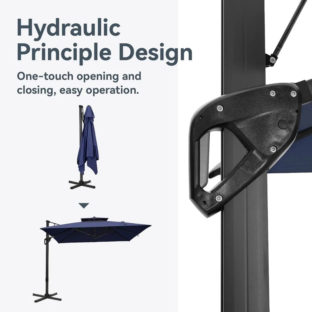 12x9 ft Rectangle Cantilever Patio Umbrella with Base – 360° Rotation, Fade-Resistant, Windproof Outdoor Umbrella for Deck, Poolside & Backyard (Navy Blue)