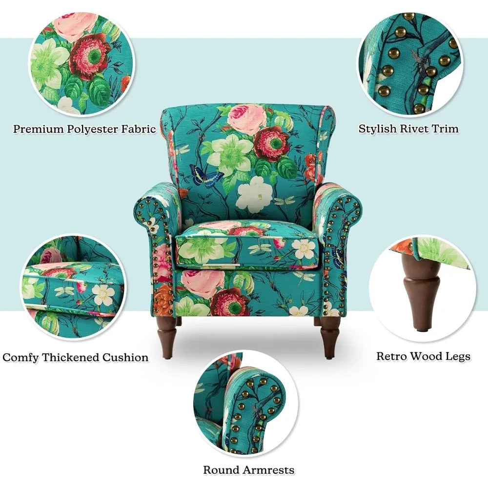 Floral Wingback Accent Chair – Comfy Armchair with Wood Legs & Nailhead Trim, Removable Cushion (Blue)