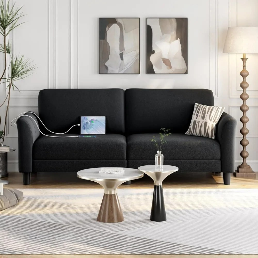 67" Upholstered 2-Seater Sofa with USB Ports – Deep Seat Loveseat for Living Room or Bedroom (Black)