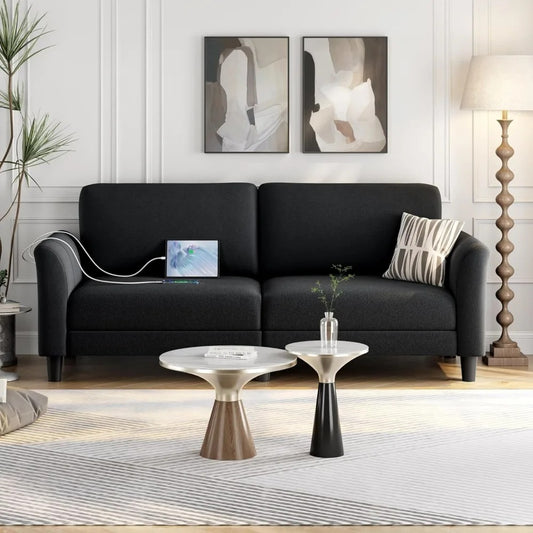 67" Upholstered 2-Seater Sofa with USB Ports – Deep Seat Loveseat for Living Room or Bedroom (Black)
