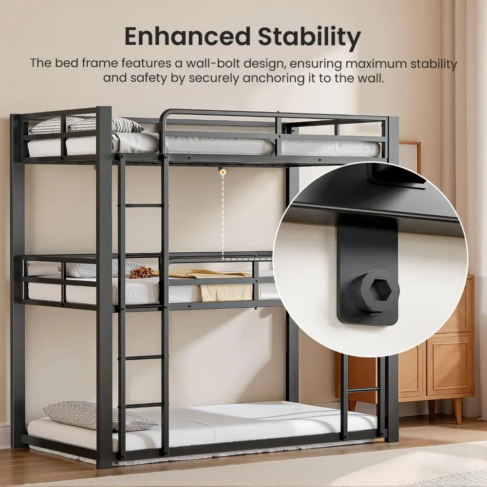 Durable triple-tier metal bunk bed with ladder. Ideal for families, apartments, or shared bedrooms. Easy assembly and no box spring required.