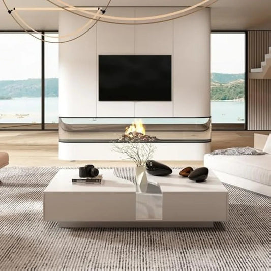 Modern LED Coffee Table with Glass Top – White Center Table with 2 Drawers & Storage for Living Room