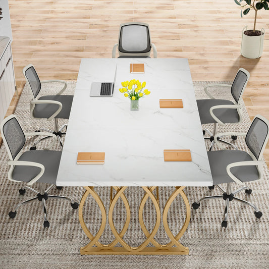Modern White & Gold Executive Desk – 63" Large Conference Table or Home Office Workstation