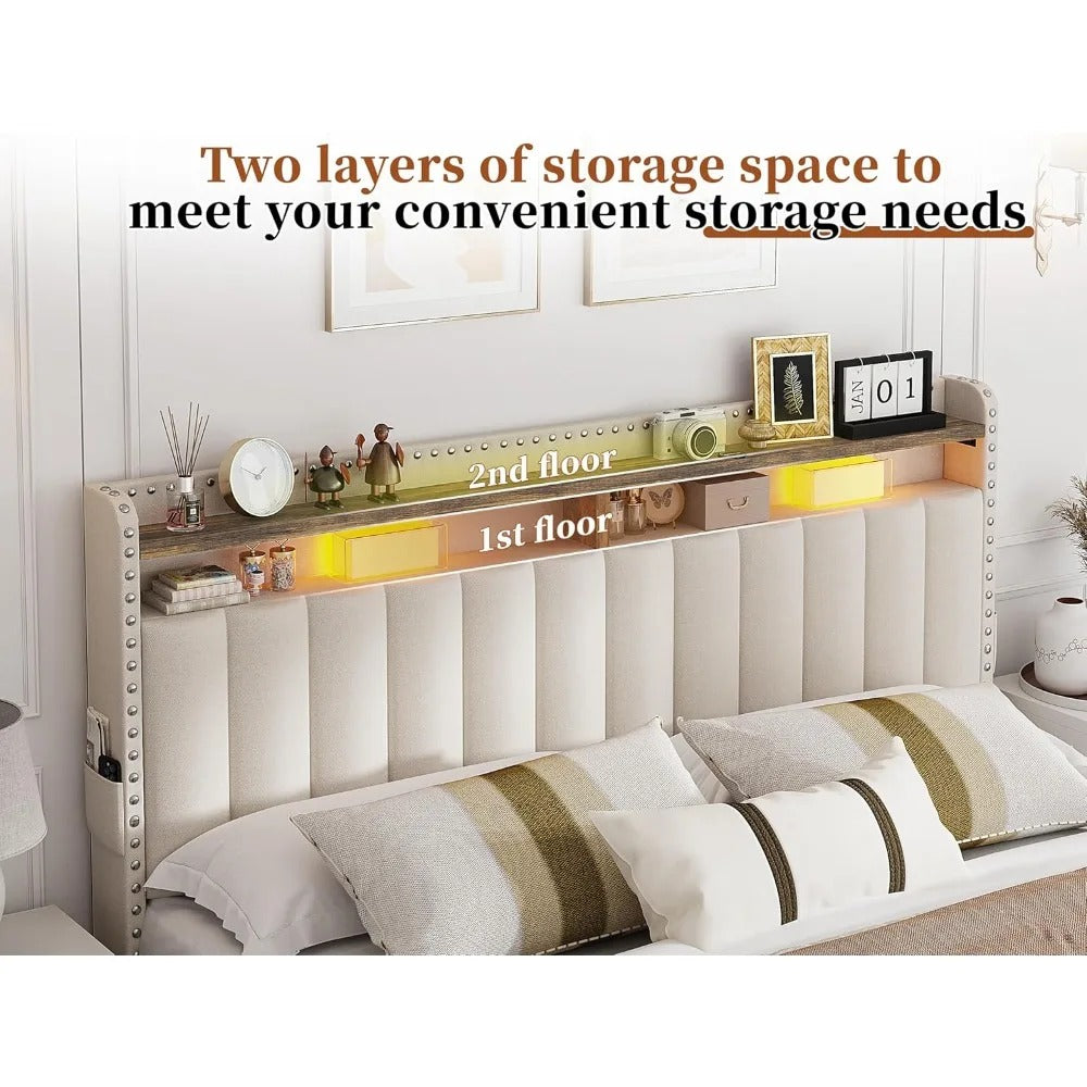 King Size Bed Frame with Storage Drawers & Headboard Shelves – Upholstered Platform Bed, 900 lb Support, Beige
