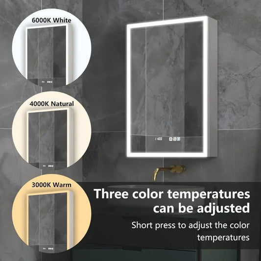20x30" LED Medicine Cabinet with Mirror – Dimmable, Defogger, Clock, Temp Display, USB Ports & Recessed/Wall Mount Options