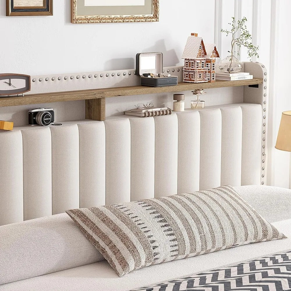 King Size Upholstered Bed Frame with Headboard, 4 Storage Drawers, Shelves & Noise-Free Support – 1200LBS Capacity, Beige