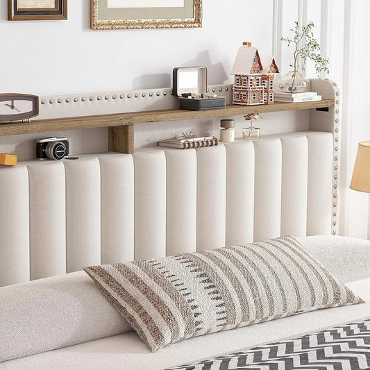 King Size Upholstered Bed Frame with Headboard, 4 Storage Drawers, Shelves & Noise-Free Support – 1200LBS Capacity, Beige