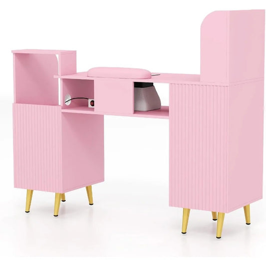 Modern Pink Nail Table with Dust Collector, Storage Cabinets, Power Outlets & Wrist Cushion – Manicure Station for Salon or Home