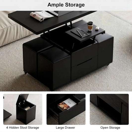 Black Lift-Top Coffee Table with Hidden Storage, 4 Stools & Lockable Wheels – 3-in-1 Multifunctional Modern Table