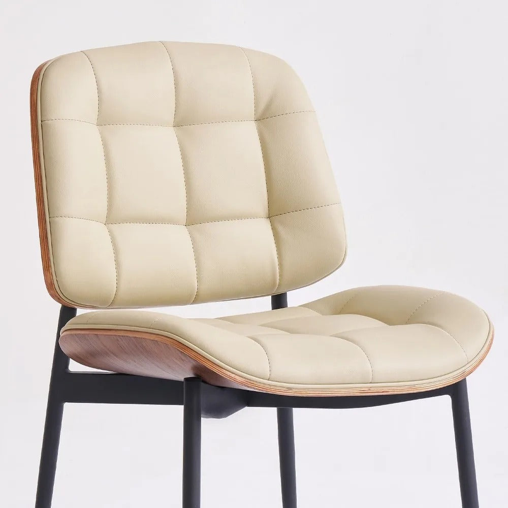 Mid-Century Modern Dining Chairs Set of 4 – Walnut Grain Back, Beige Faux Leather Upholstery, Checkered Cushion, Metal Frame