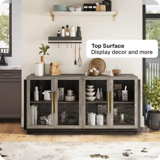 Modern Wood Buffet Sideboard with Glass Doors – 4-Door Console Cabinet with Adjustable Shelves for Dining Room, Kitchen, or Living Room