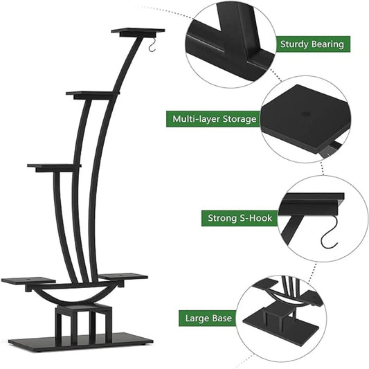 Curved Indoor Plant Stand – 2-Piece Metal Display Rack with Hooks for Home & Garden