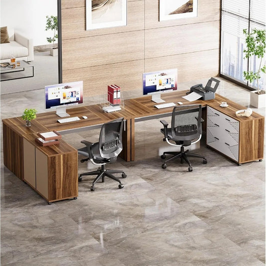 62.99" L-Shaped Executive Desk with Mobile File Cabinet – Large Home Office Workstation, Brown & White