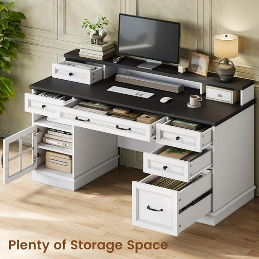 Farmhouse Executive Desk with Drawers, File Cabinet, Power Outlet & RGB LED – 59" Computer Desk with Hutch & Storage for Home Office