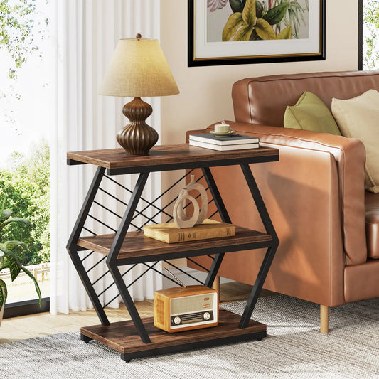 Industrial End Table with 3-Tier Storage – Rustic Wood & Metal Side Table for Living Room or Bedroom