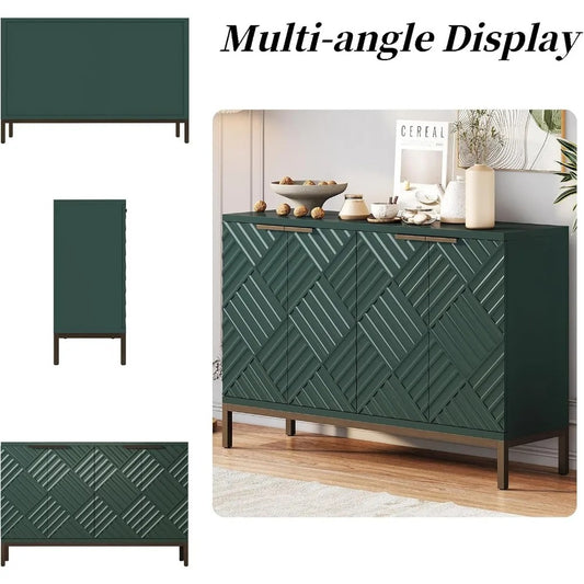 Green Fluted Sideboard Buffet – 47" Modern Storage Cabinet with 4 Doors & Bronze Metal Legs for Dining Room & Entryway