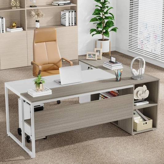 71" L-Shaped Executive Desk with Storage Cabinet – Modern Office Workstation with Shelves, Drawers & Printer Stand