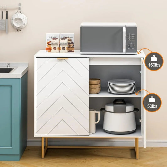 Modern White Sideboard Buffet with Gold Legs – Herringbone Design, Adjustable Shelf, Multi-Purpose Storage Cabinet