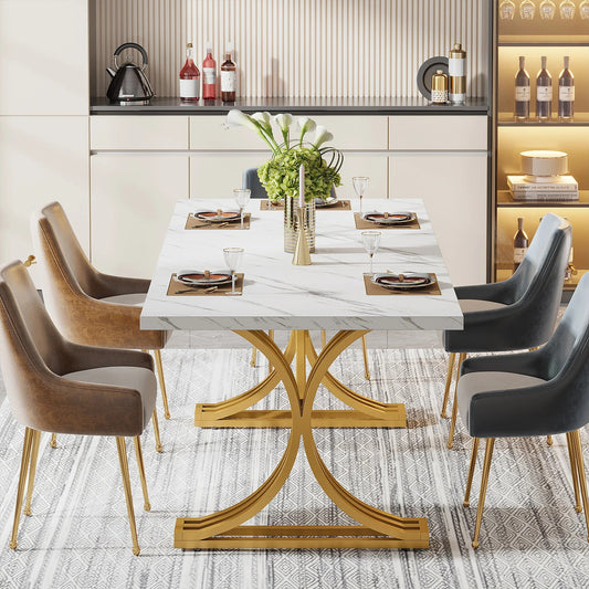 Elegant White Dining Table with Faux Marble Top – Modern Rectangular Table for 4 to 6 People with Gold Metal Legs