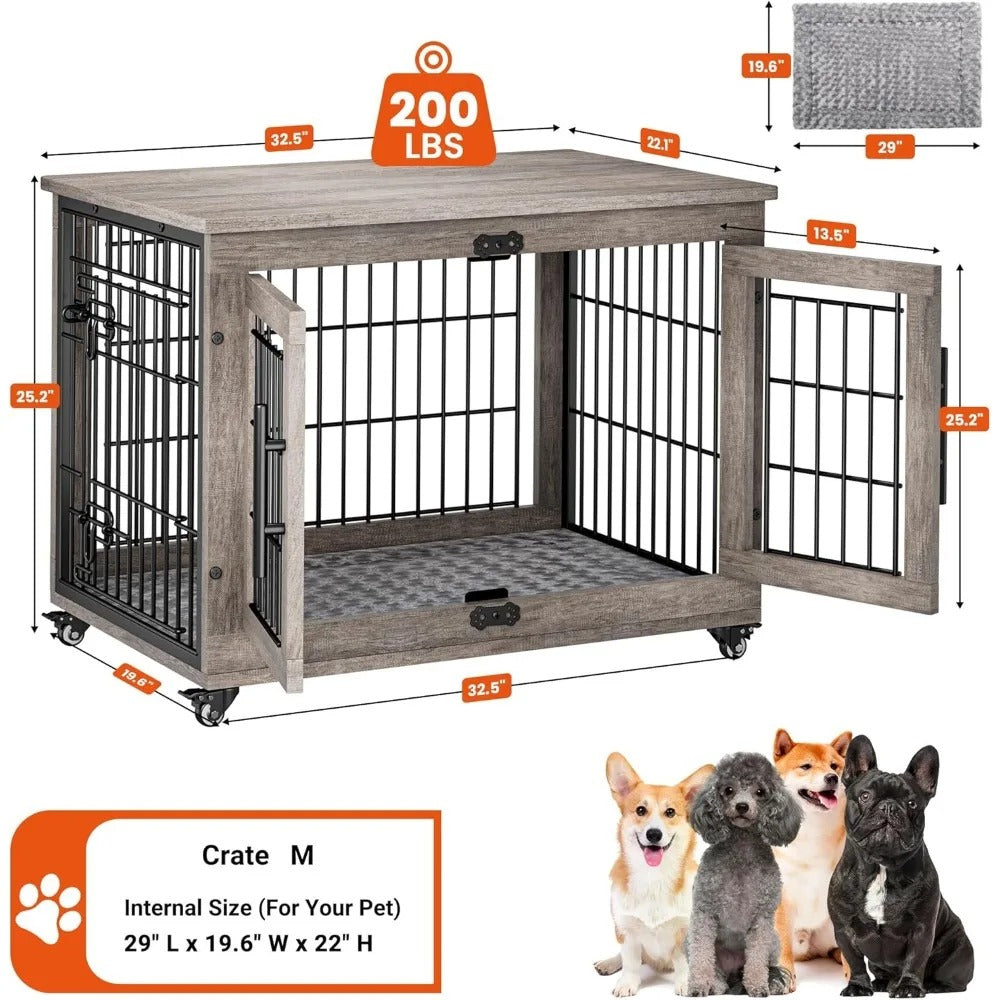 32" Wooden Dog Crate Furniture for Medium Dogs – Indoor Kennel with Cushion, Wheels & Double Doors, End Table Pet Cage