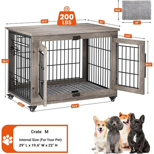 32" Wooden Dog Crate Furniture for Medium Dogs – Indoor Kennel with Cushion, Wheels & Double Doors, End Table Pet Cage